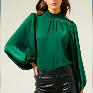 Sugar Lips Emerald Satin Balloon Sleeve Blouse